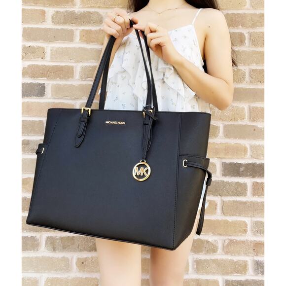 NWT Michael Kors Gilly L Jet Set Drawstring Top-Zip Tote Black Saffiano Leather - Picture 5 of 6